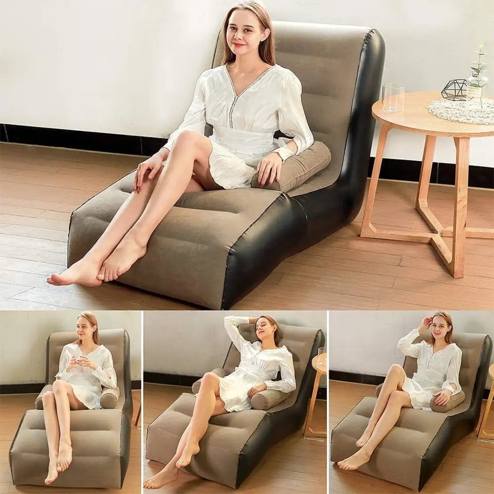 S-Shaped Armrest Flocking Inflatable Sofa Indoor Lazy Legless Seat Portable PVC Leisure Air Chair