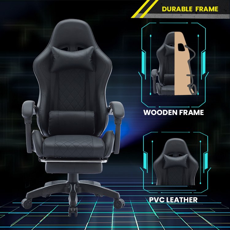 Luxury Big and Tall Black PVC Leather Chair Racing Style Ergonomic Gaming Chair With Footrest