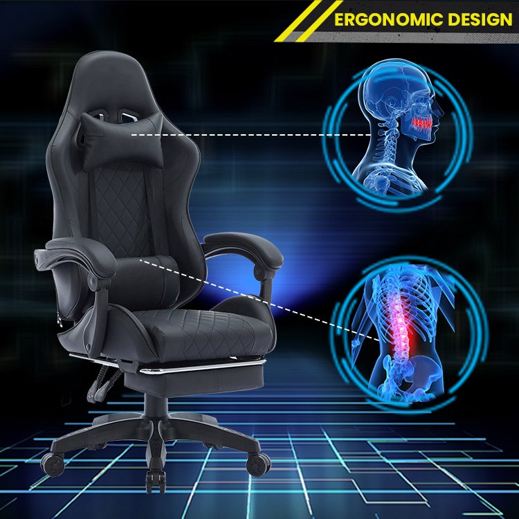Luxury Big and Tall Black PVC Leather Chair Racing Style Ergonomic Gaming Chair With Footrest