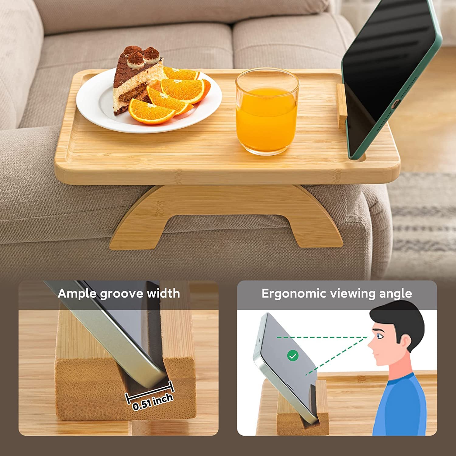 Bmaboo Foldable Sofa Arm Tray with Cup Holder Couch Arm Rest Table Storage Trays for Living Room Use with Food