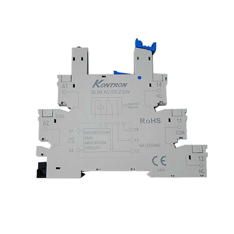 Kontron High Power Slim Miniature Relay Socket 6.2mm Thick 6A Contact Rating AC/DC 230V Din-Rail Electromagnetic Theory Epoxied