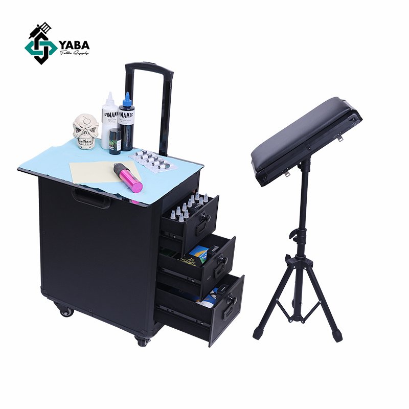 YABA Large Capacity Tattoo Trolley Case Easy Carrying Luggage Box with Silence Wheels and Handles Tattoo Armrest