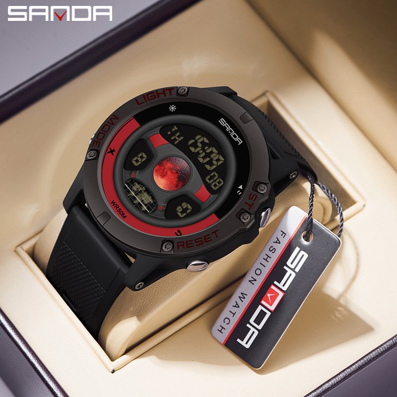 SANDA 9024 Men's New Car Steering Wheel Watch Sport Silicone Band Design 50M Waterproof LED Digital Wristwatch Relogio Masculino
