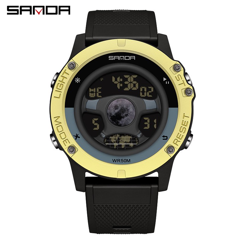 SANDA 9024 Men's New Car Steering Wheel Watch Sport Silicone Band Design 50M Waterproof LED Digital Wristwatch Relogio Masculino