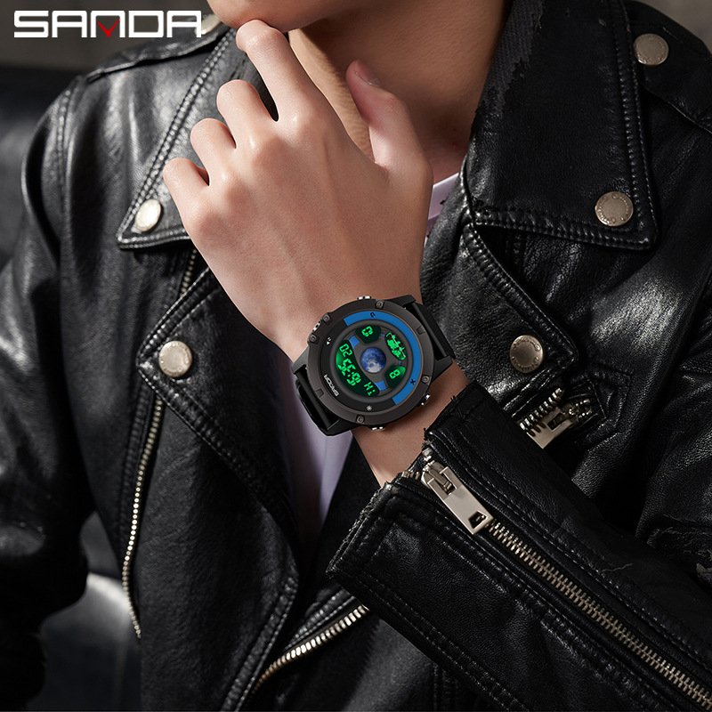 SANDA 9024 Men's New Car Steering Wheel Watch Sport Silicone Band Design 50M Waterproof LED Digital Wristwatch Relogio Masculino