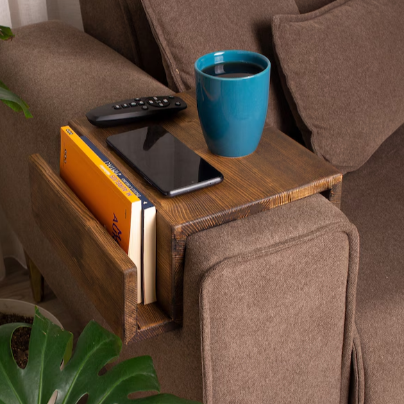 Rustic Wood Couch Arm Rest Table with Magazine Stand Simply Sofa Armrest Tray Couch Storage Holder for Living Room