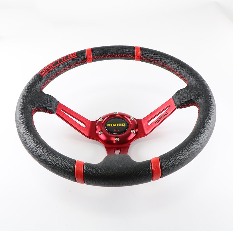 MOMO 14 350MM Steering Wheel Red PVC Artificial Leather NUBUCK Sports Racing Car For Toyota Honda Universal Horn Button