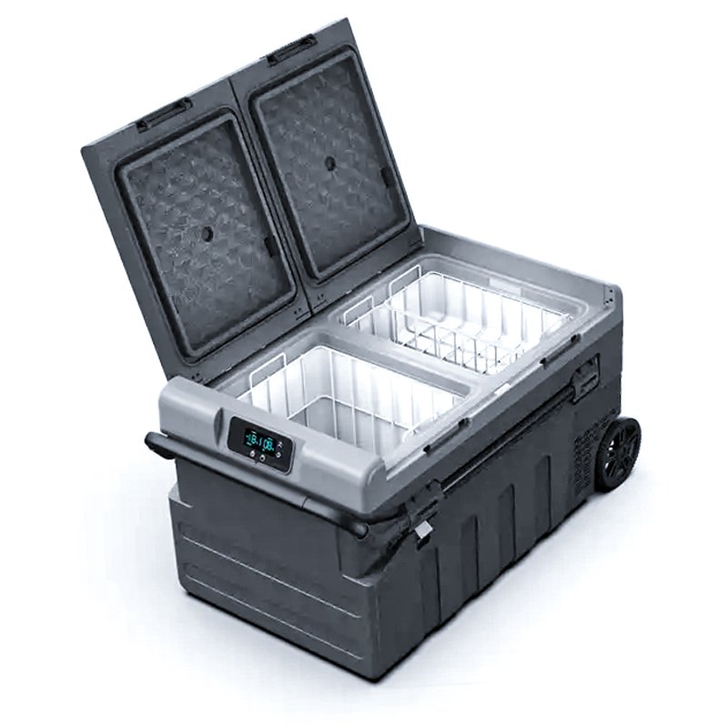 75L Dual Zone Solar Refrigerator Portable Car Refrigerator 95l Cooler and Warmer Retractable Rod with Wheels Car Cool Box