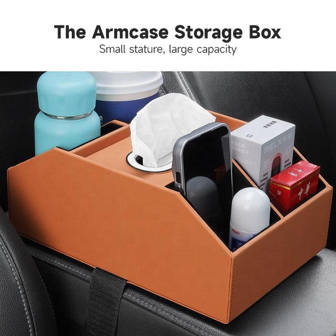 Car Armrest Tissue Box Leather Practical Car Storage Water Cup Holder In-car Storage Paper Drawer