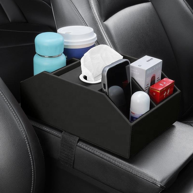 Car Armrest Tissue Box Leather Practical Car Storage Water Cup Holder In-car Storage Paper Drawer