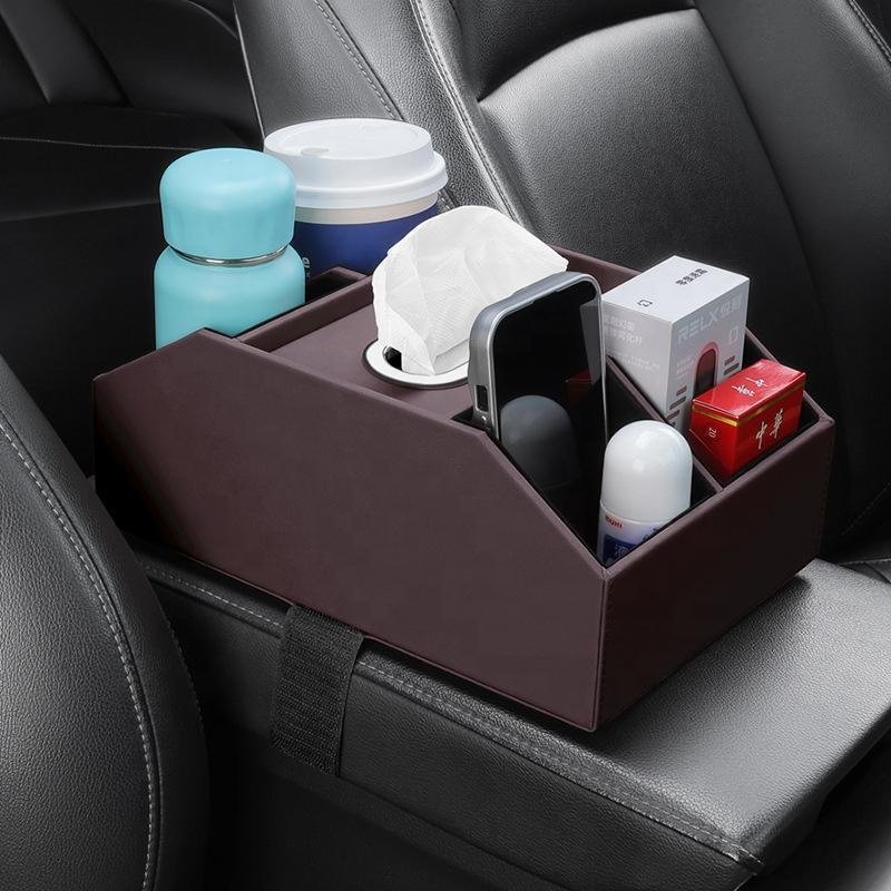 Car Armrest Tissue Box Leather Practical Car Storage Water Cup Holder In-car Storage Paper Drawer