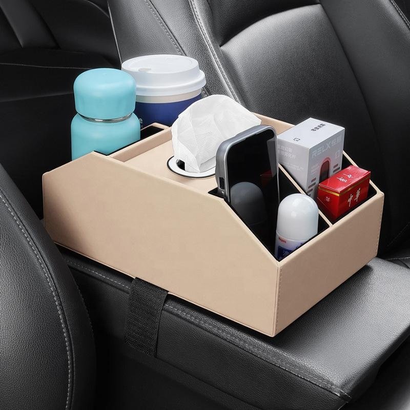 Car Armrest Tissue Box Leather Practical Car Storage Water Cup Holder In-car Storage Paper Drawer