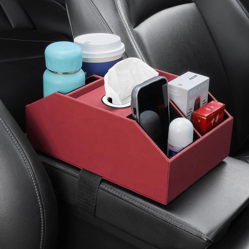 Car Armrest Tissue Box Leather Practical Car Storage Water Cup Holder In-car Storage Paper Drawer
