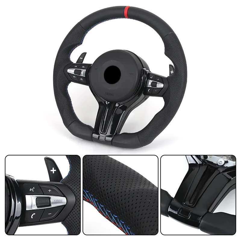 With Piano-black Trim Flat Bottom Half Perforated Leather Steering Wheel for BMW F10 F20 F30 F06 F22 M3 F80 M4 F82 X5 E70 E90