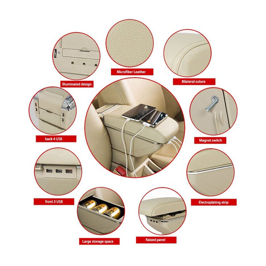 Automotive Interior Accessories Seat Armrest Console Storage Organizer Universal Car Arm Rest Console Box With 7 USB