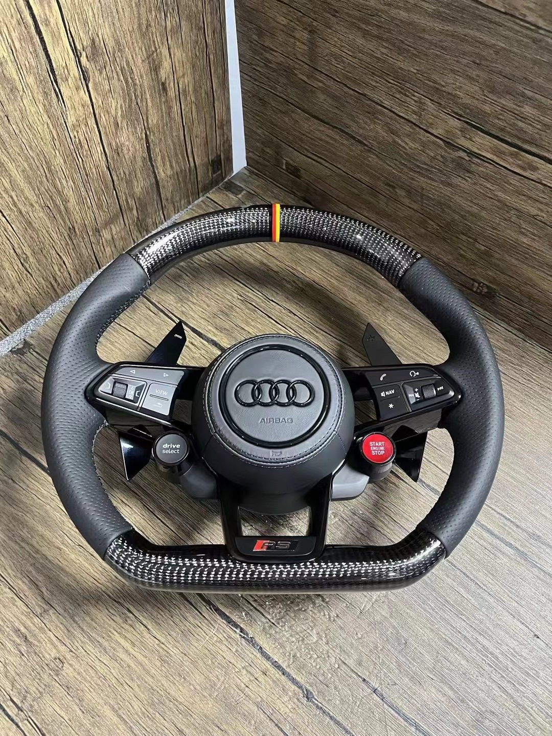 With Start Button S-Line Half Alcantara Carbon Fiber Paddle LED Steering Wheel for Audi TT R8 A4 A5 B8 B9 S4 RS6 A6 C7 RS Q5 Q6