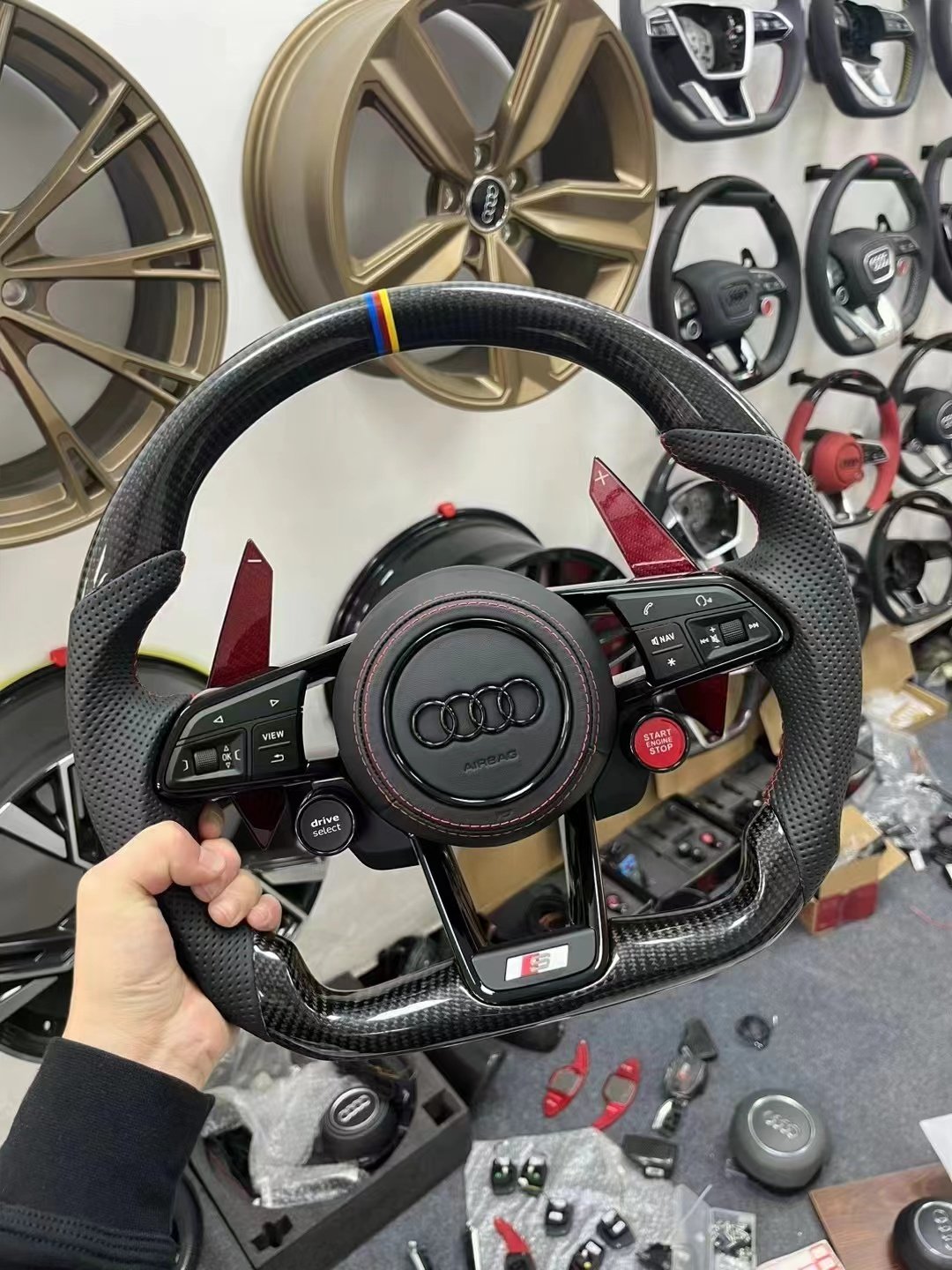 With Start Button S-Line Half Alcantara Carbon Fiber Paddle LED Steering Wheel for Audi TT R8 A4 A5 B8 B9 S4 RS6 A6 C7 RS Q5 Q6