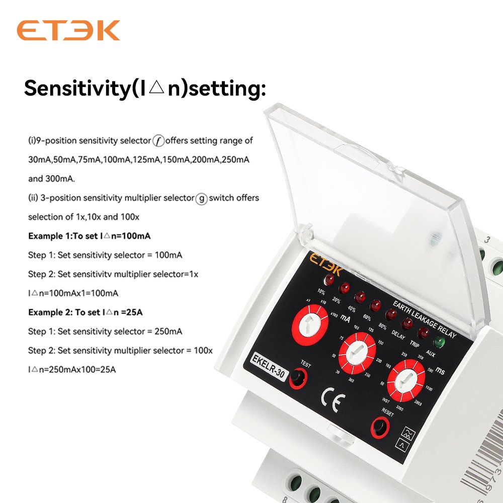 Relay EKELR-30 110/230VAC Type a Leakage Detection 30mA-30A, Earth Leakage Monitoring Relay (ELR) with Adjustable Trip Level