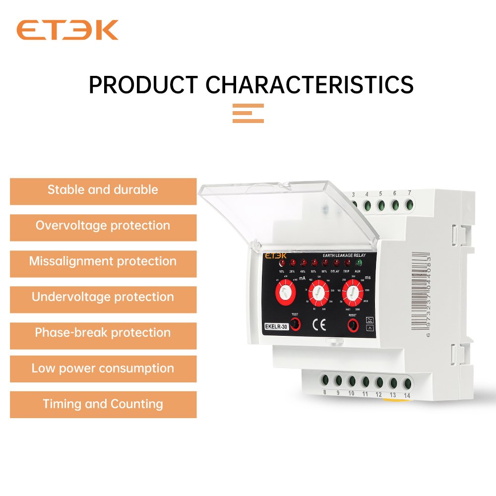 Relay EKELR-30 110/230VAC Type a Leakage Detection 30mA-30A, Earth Leakage Monitoring Relay (ELR) with Adjustable Trip Level