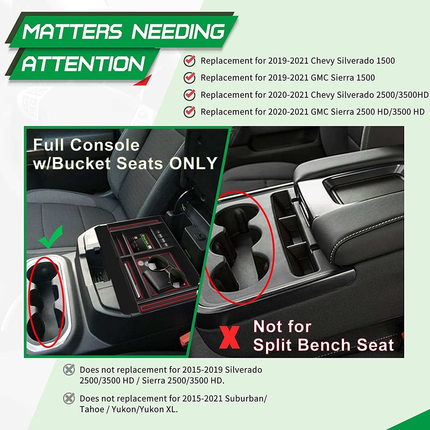 QSP025 Bucket Seats Only Center Console Organizer Tray for 2019-2021 Chevy Silverado 1500 GMC Sierra 1500 2020-2021 Silverado