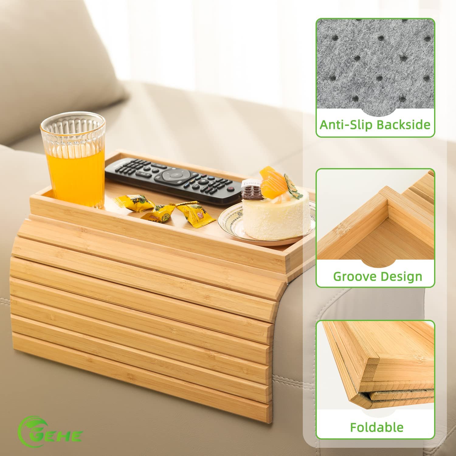 Combohome Foldable Bamboo Sofa Tray Table for Couch, Sofa Armrest Anti-Slip Clip on Tray Cup Holder for Snacks Phone Control