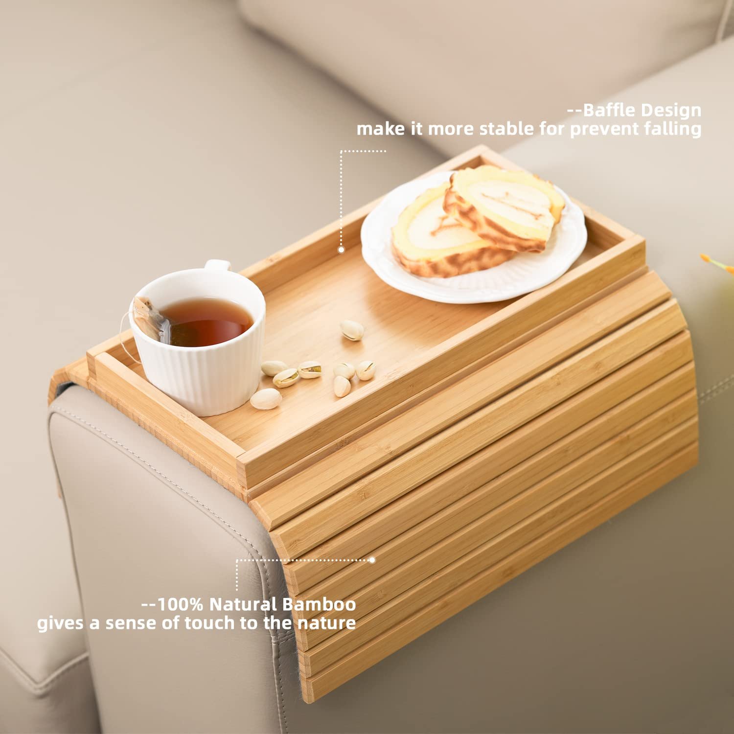 Combohome Foldable Bamboo Sofa Tray Table for Couch, Sofa Armrest Anti-Slip Clip on Tray Cup Holder for Snacks Phone Control