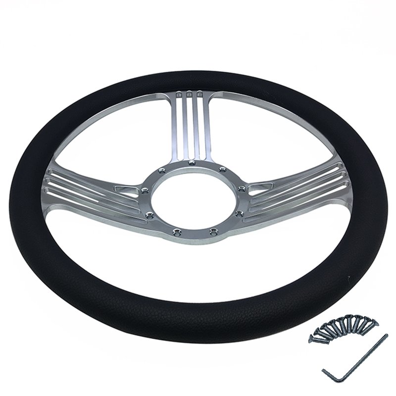14" Billet Chrome Leather Half Wrapped 'SLASH' STYLE Car Steering Wheel FITS most 1967-94 GM style steering-3414