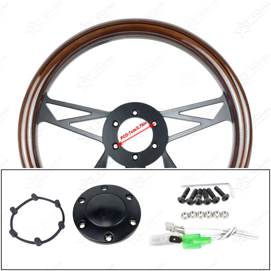 Universal 350mm Classic Real Wood Steering Wheel Half Wrap 6 Bolts 14inch Vintage Car Black Spoke Wood Steering Wheel