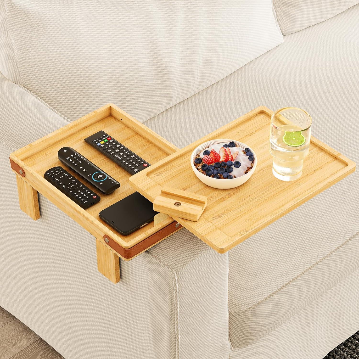 Custom Professional Adjustable Brown Bamboo Sofa Arm Tray Table With Storage Box