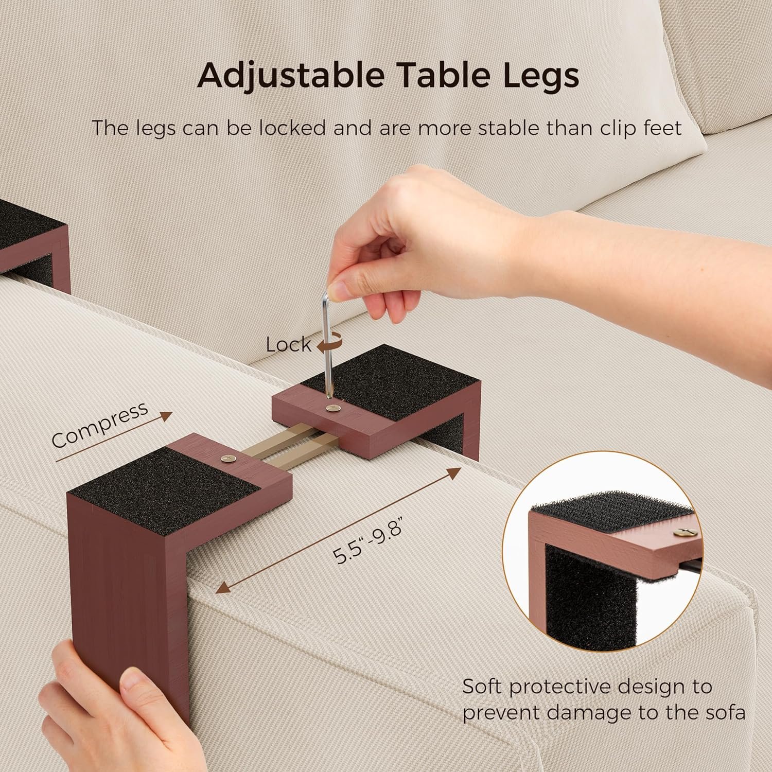 Custom Professional Adjustable Brown Bamboo Sofa Arm Tray Table With Storage Box