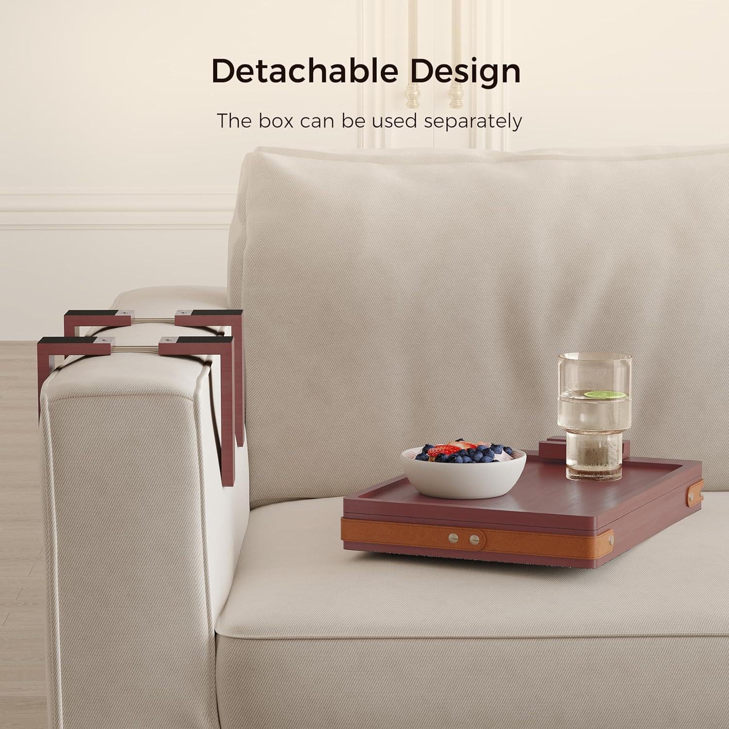 Custom Professional Adjustable Brown Bamboo Sofa Arm Tray Table With Storage Box