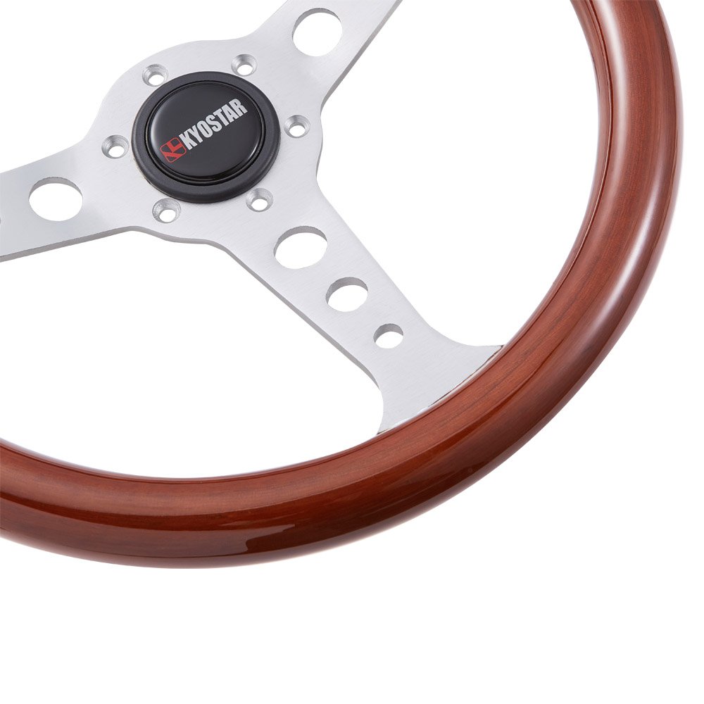 KYOSTAR Car Steering Wheel Silver Spoke 350mm 14 inch Classic Flat Wood Grain Steering Wheel