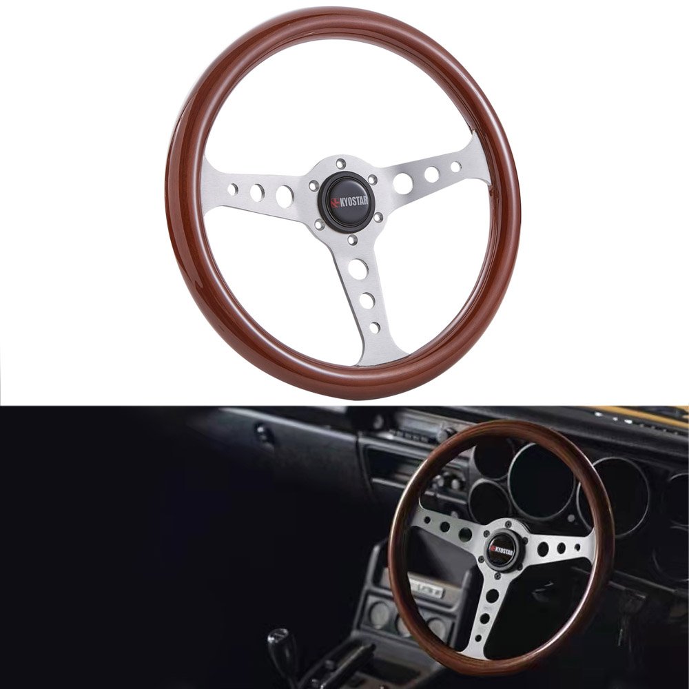 KYOSTAR Car Steering Wheel Silver Spoke 350mm 14 inch Classic Flat Wood Grain Steering Wheel