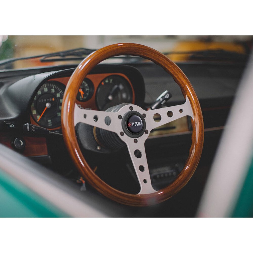 KYOSTAR Car Steering Wheel Silver Spoke 350mm 14 inch Classic Flat Wood Grain Steering Wheel