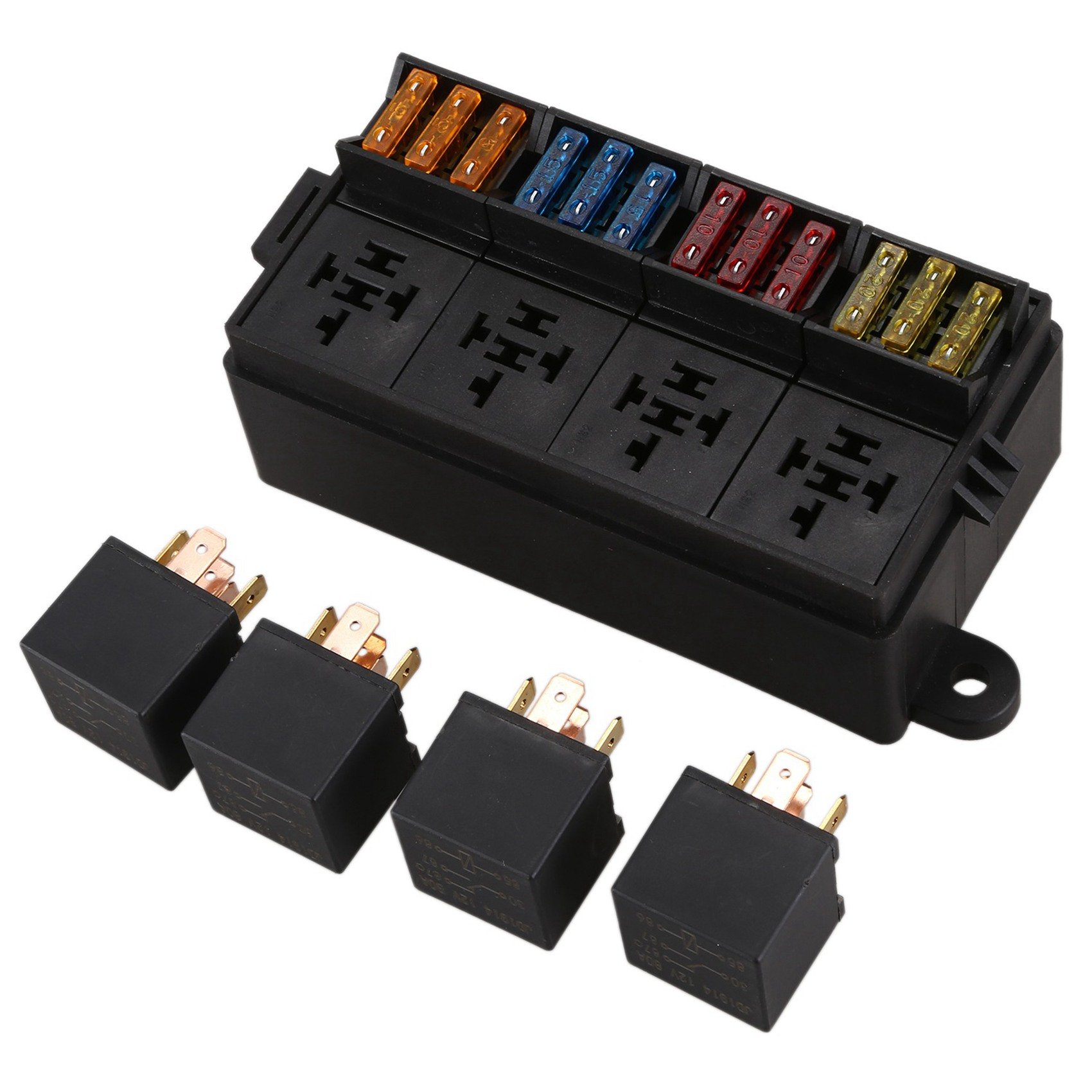 12V Fuse Relay Box With 4 Pcs 4 Pin Relays and 12 Pcs ATC/ATO Blade Fuses