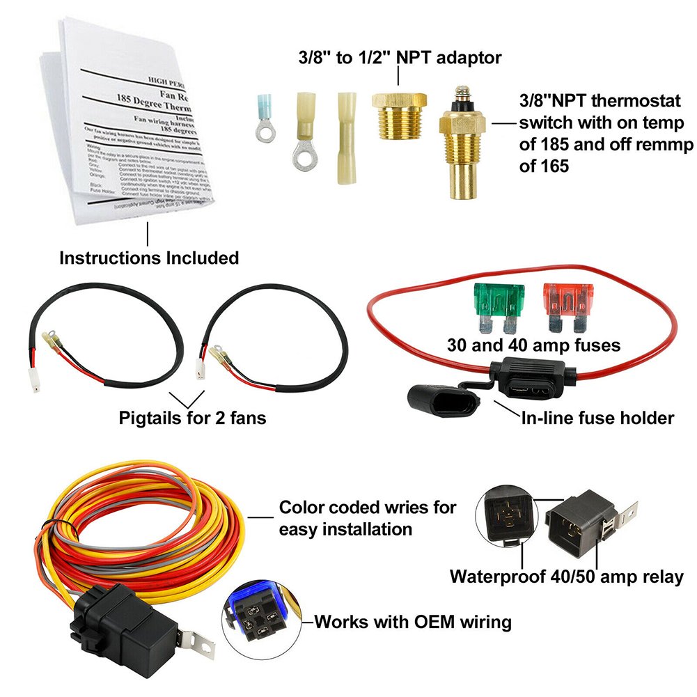 Thermostat 40 Amp Dual Electric Cooling Fan Wiring Relay Install Kit Fan Cooling Harness Automotive Wire Harness