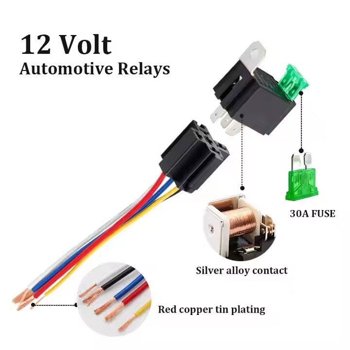 DC12V 30A Automotive Fuse Relay 4pin and Wire Harness Kit Car Relay with Metal Bracket for Boat RV