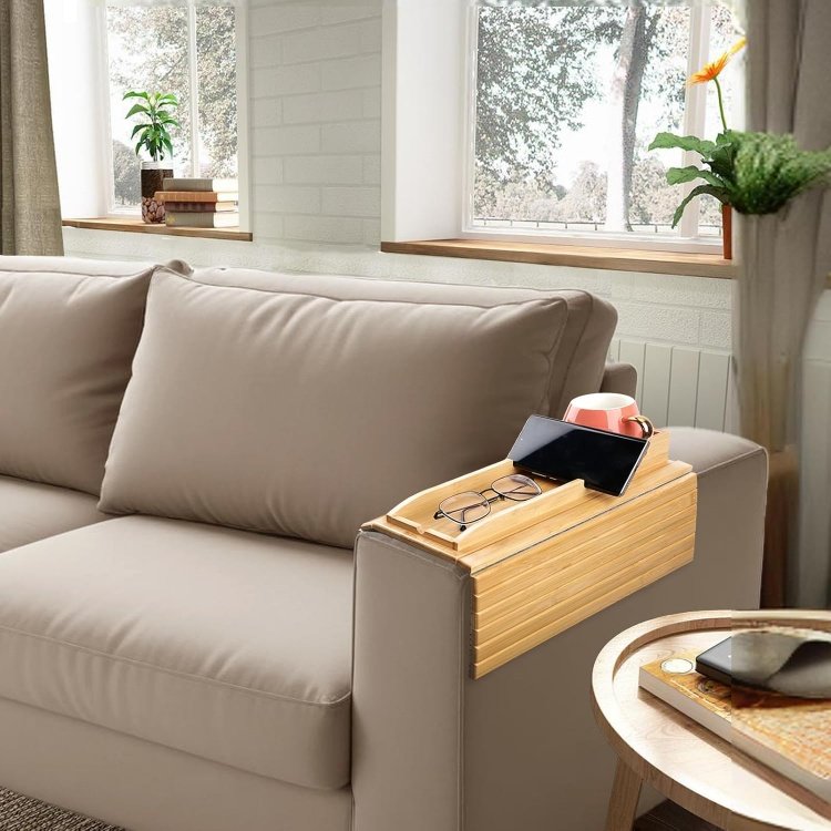 4 in 1 Bamboo Couch Arm Table with Side Storage Pocket for Most Armrests on Couches