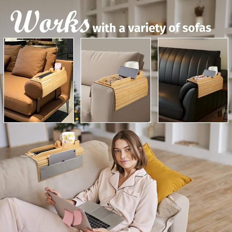 4 in 1 Bamboo Couch Arm Table with Side Storage Pocket for Most Armrests on Couches