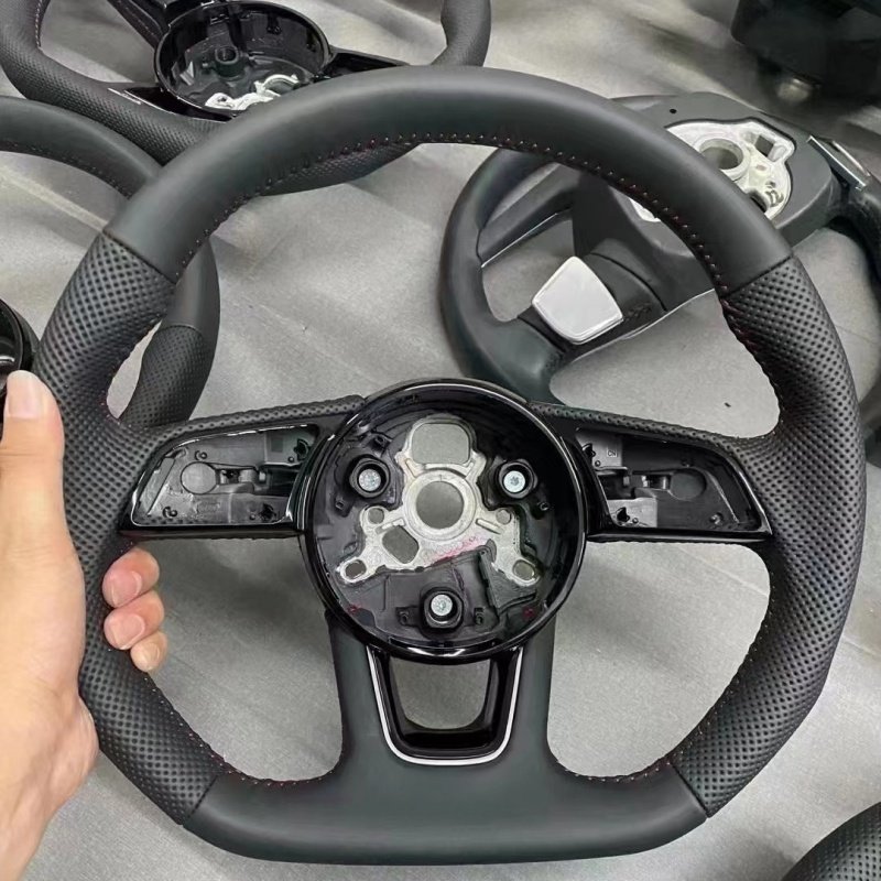 Leather Steering Wheel Black Stitched Full Leather Perforated Flat Bottom Steering Wheel for Audi A4 B8 A3 8V A4 A5 A7 Q3 Q5 Q7