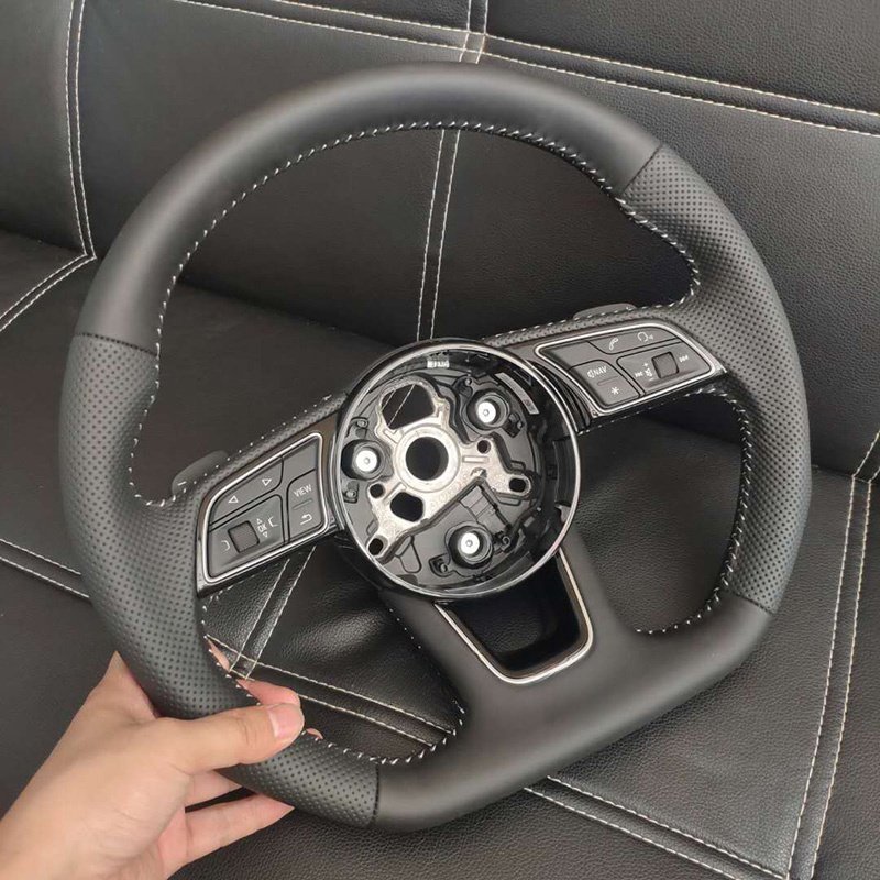Leather Steering Wheel Black Stitched Full Leather Perforated Flat Bottom Steering Wheel for Audi A4 B8 A3 8V A4 A5 A7 Q3 Q5 Q7