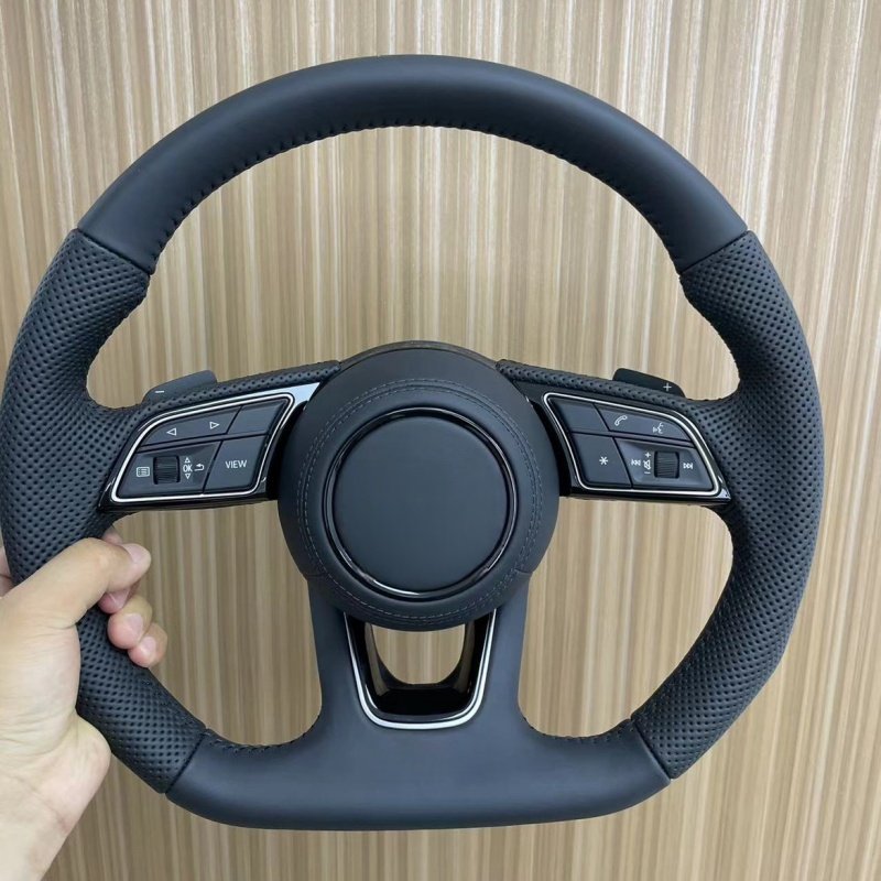 Leather Steering Wheel Black Stitched Full Leather Perforated Flat Bottom Steering Wheel for Audi A4 B8 A3 8V A4 A5 A7 Q3 Q5 Q7
