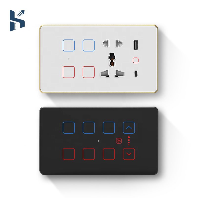 Switch and Socket Combination 150x86mm Indian Standard Wall Light Switch Zigbee 3.0 Glass Touch Fan Switch