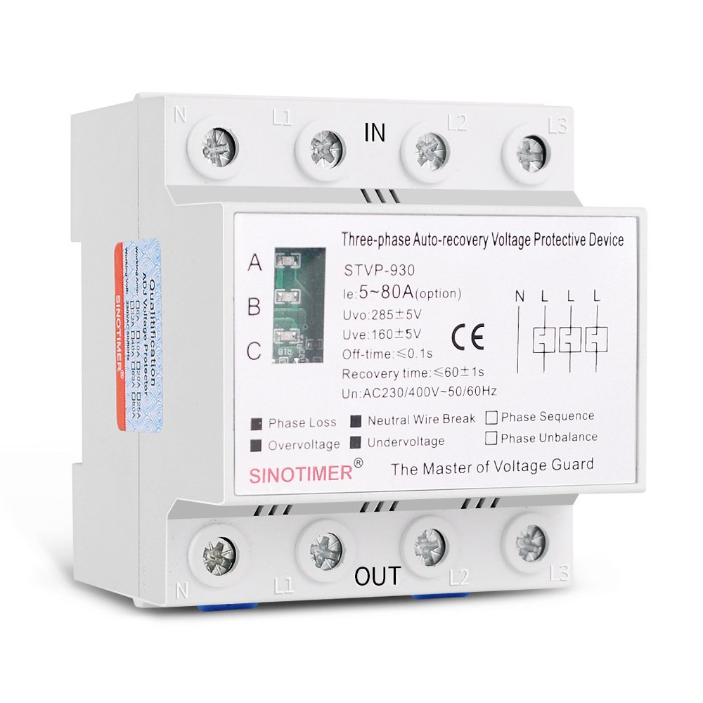 3 Indicators Three Phase 4 Wires 380V 50A 63A 80A Voltage Protector Self Recovery Auto Reconnect Voltage Protection Relay