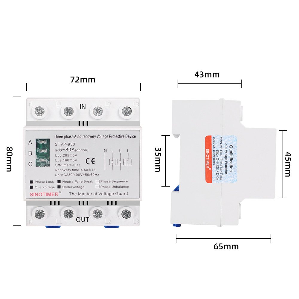 3 Indicators Three Phase 4 Wires 380V 50A 63A 80A Voltage Protector Self Recovery Auto Reconnect Voltage Protection Relay