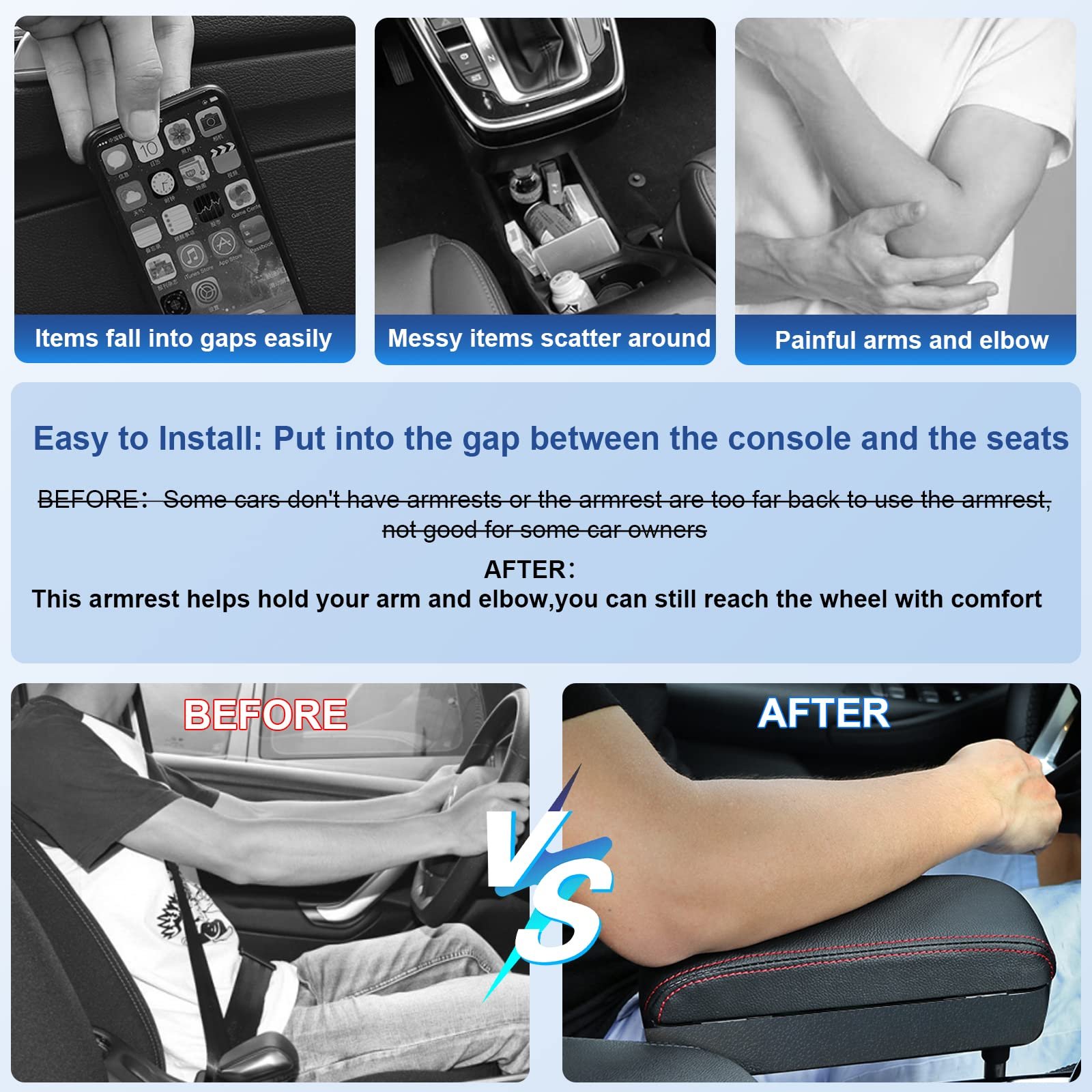 Car Armrest Support Elbow Rest Pad Armrest Extender Console Storage Organizer Adjustable Height Comfort Arm Rest Pads Universal