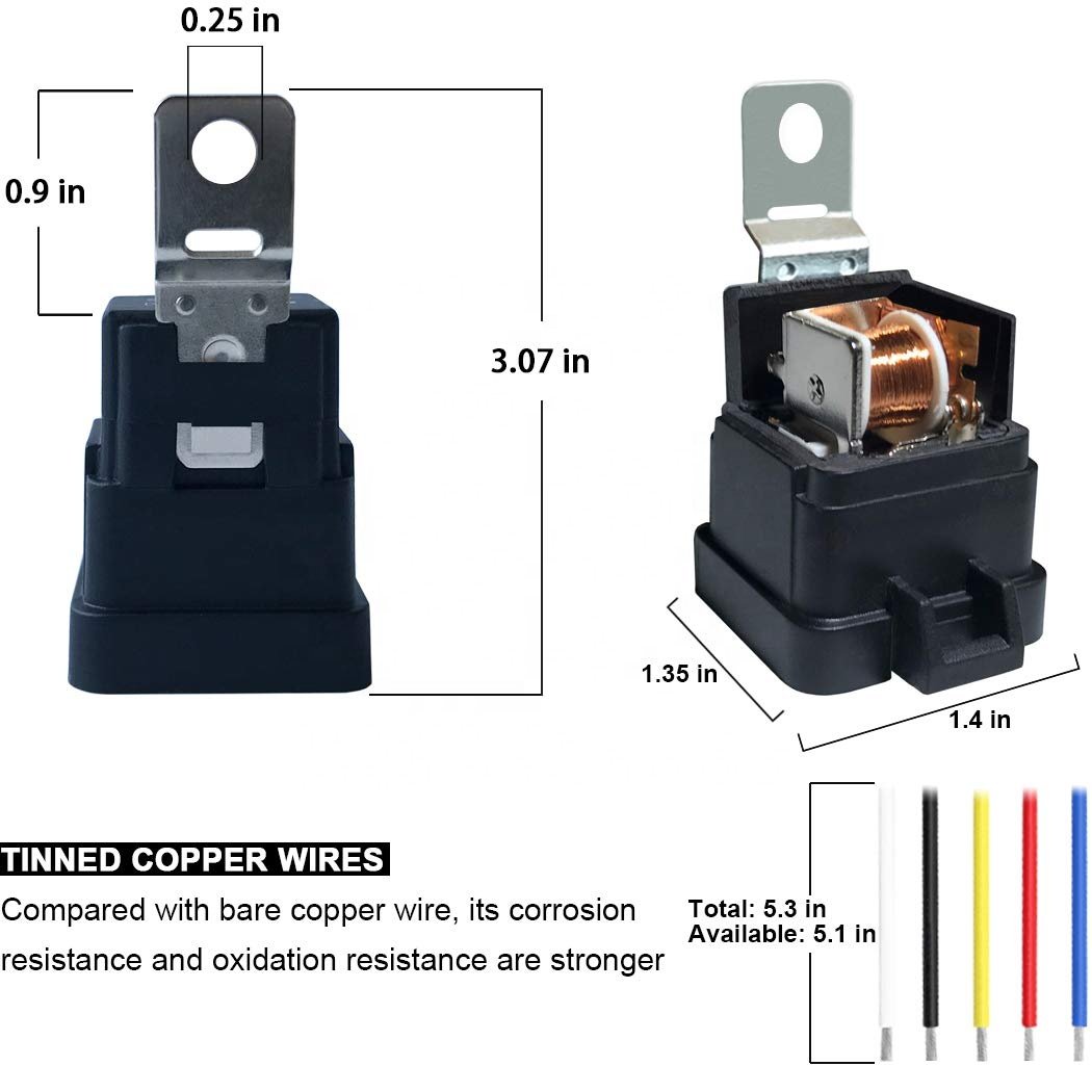 SPDT 5 Pin Waterproof Auto Relay 12V 40A Heavy Duty 14AWG 12 Volt Automotive Car Relay Kit Bosche Style and Harness Set