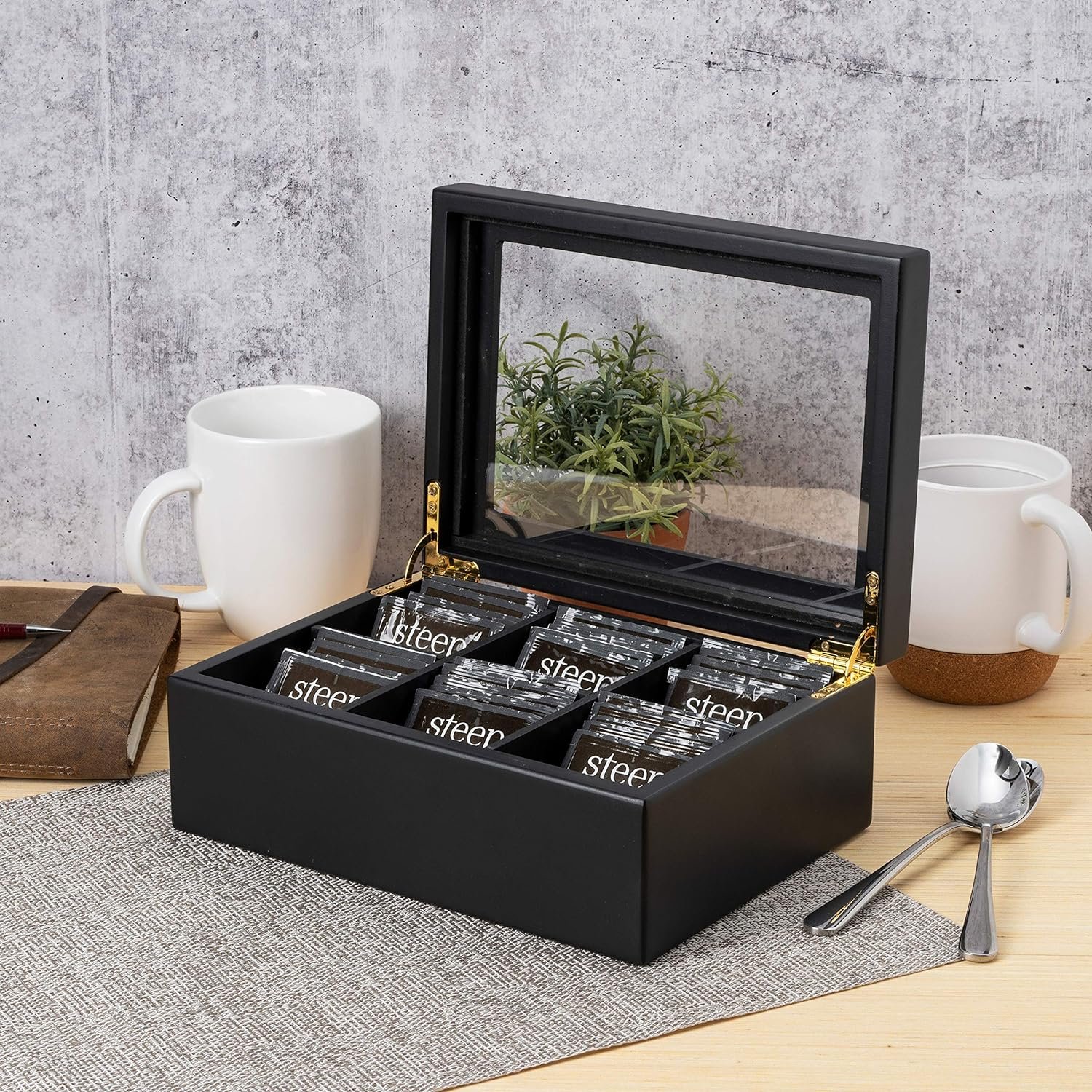 Black Tea Set Wood Box Gift Wood Tea Box Organizer Solid Wooden Tea Box - 100