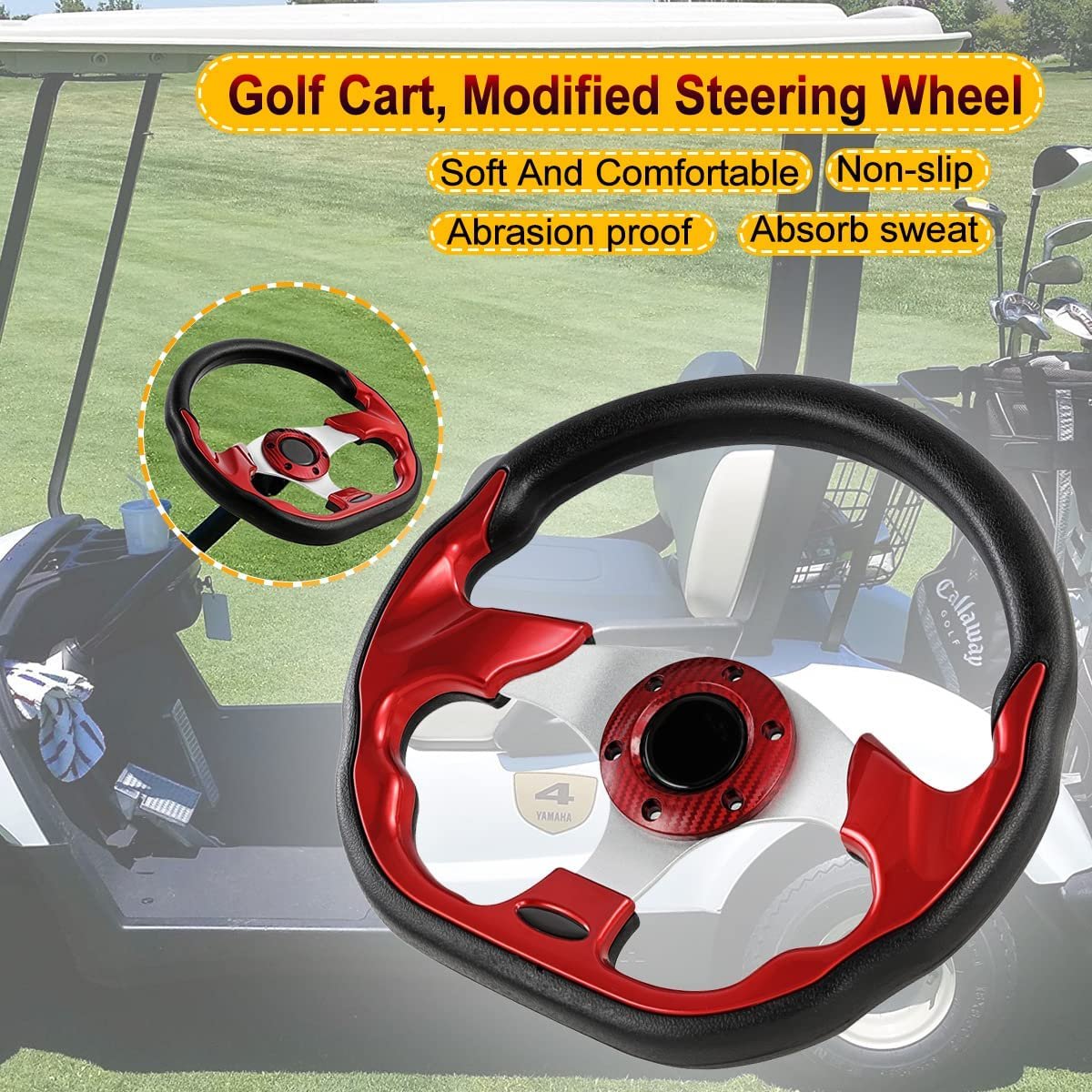 Universal Fit 12.5 Inch Diameter Steering Wheel Fits EZGO, Club Car And Yamaha Golf Carts Color Red