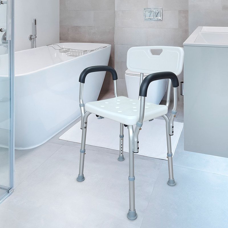 Aluminum Chair Seat with Detachable Foam Armrest Disabled Bathing Chair Adjustable Height Shower Bench Aluminum Shower Chair